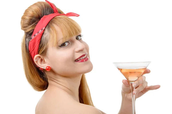 Retro Beautiful Pin Girl Drink Glass Rose Wine White — Stock Photo, Image