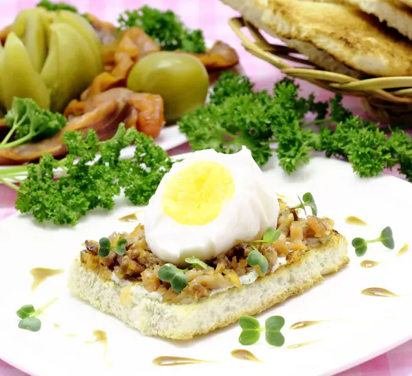 Sandwich Salmon Boiled Egg White Plate — Stock Photo, Image