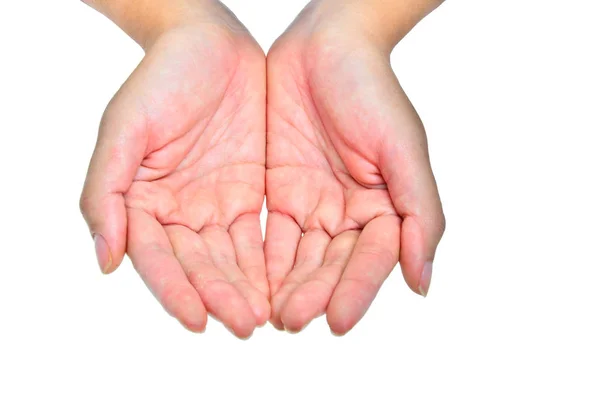 Mão Segurando Mãos Uma Mulher Isolado Fundo Branco — Fotografia de Stock