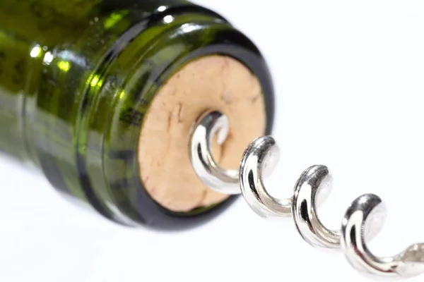 Macro Una Bottiglia Vino Con Cavatappi — Foto Stock