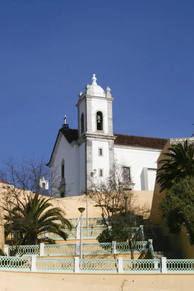 Vista Della Strada Nel Centro Storico Sines Portogallo Chiesa Scale — Foto Stock