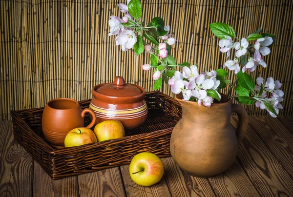 Ripe Apple Blossoming Branch Apple Tree Clay Jar Close — Stock Photo, Image