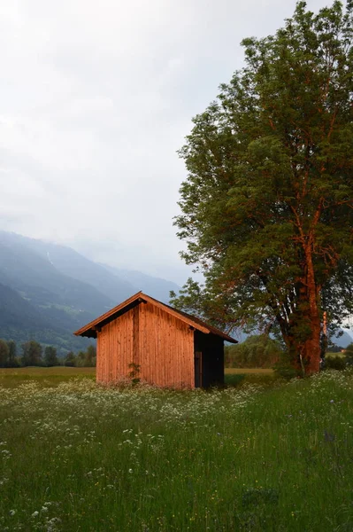 Hut Hooihut Weide Landbouw Zonsondergang Schemering Lienzervallei Oost Tirol — Stockfoto