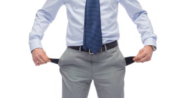 business, people, bankruptcy and failure concept - close up of businessman showing empty pockets clipart