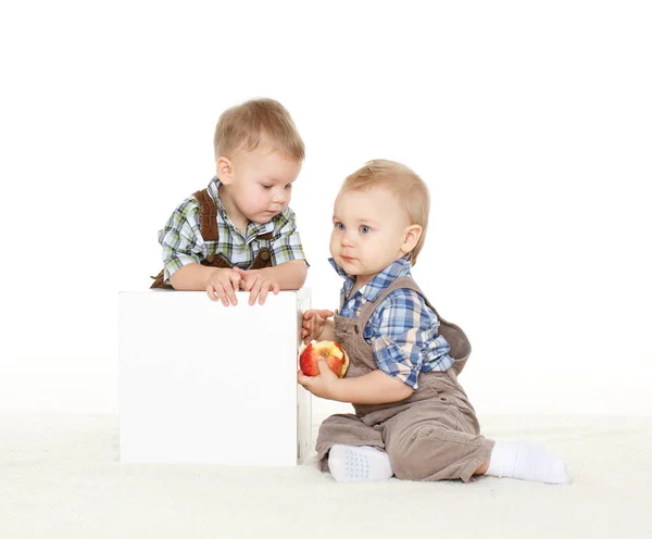 Dos Niños Pequeños Con Manzana Fresca Sientan Sobre Fondo Blanco — Foto de Stock