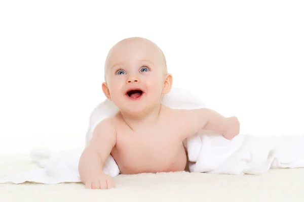 Sweet Small Baby Covered Towel Lies Plaid White Background Cute — Stock Photo, Image