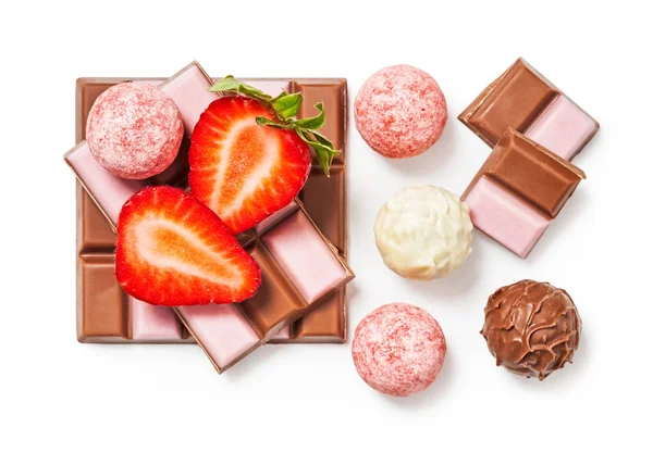 Erdbeer Schokoriegel Pralinen Und Früchte Leckeres Dessert Objekte Isoliert Auf — Stockfoto