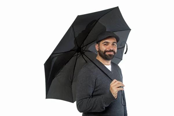 Junger Schöner Mann Mit Regenschirm Isoliert Auf Weißem Grund — Stockfoto