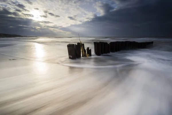 baltic sea in evening light and long exposure,setting sun irradiated branches and stones in sea water troubled sea and foaming waves on the shore,