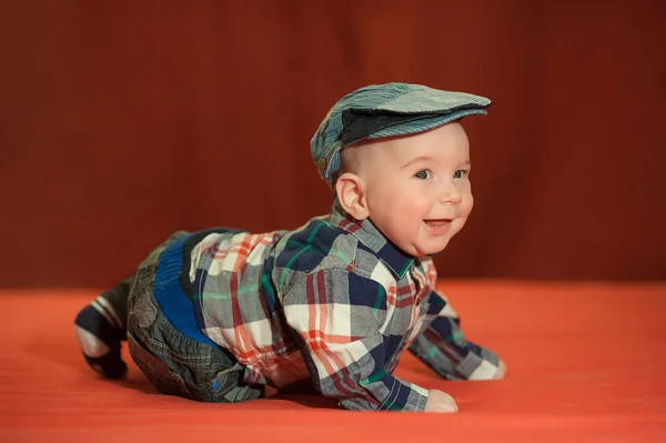 Cute Baby Tweed Flat Cap Red Background Child — стоковое фото