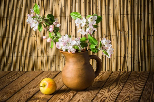 Ripe Apple Blossoming Branch Apple Tree Clay Jar Close — Stock Photo, Image