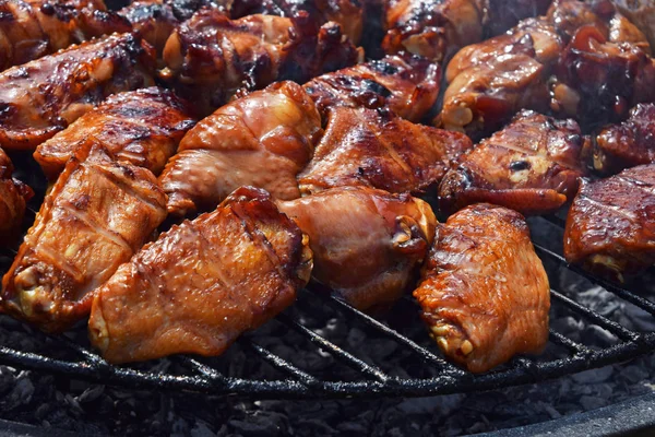 Kuřecí Buvolí Nebo Teriyaki Omáčka Křídla Vařené Grilované Bbq Kouř — Stock fotografie