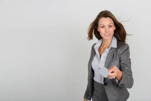 Businesswoman Showing Businesscard White Background — Stock Photo, Image