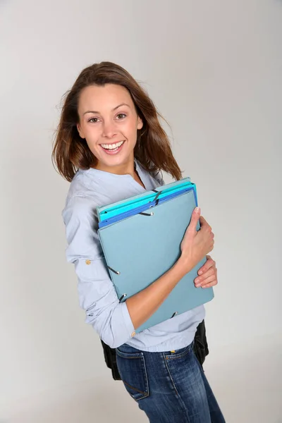 Χαρούμενη Μαθήτρια Που Κρατάει Αρχεία — Φωτογραφία Αρχείου