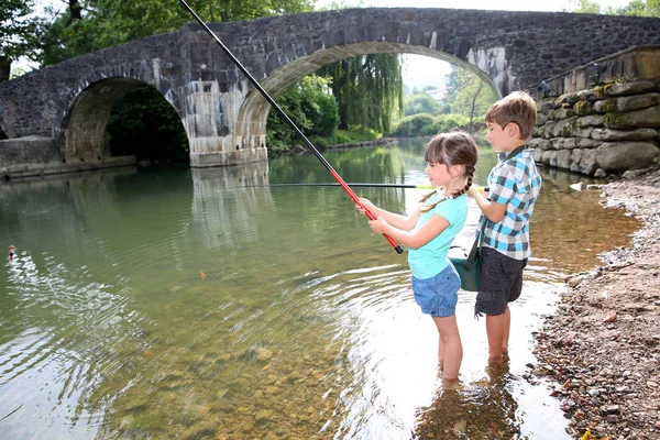 Bambini Che Godono Tempo Pesca Nel Bellissimo Fiume — Foto Stock