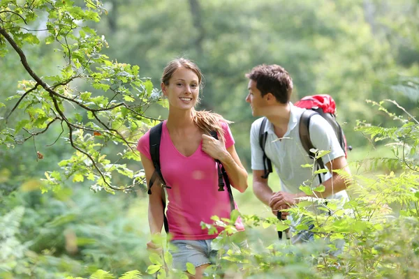 Coppia Una Giornata Trekking Nel Bosco — Foto Stock