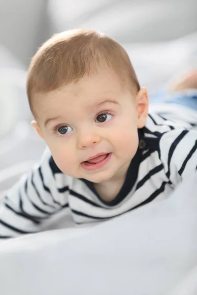 Cheerful Baby Boy Laying Bed — Stock Photo, Image