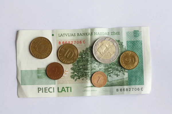 Lotyšské Laty Bankovky Mince — Stock fotografie