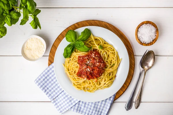 Spaghetti Tomato Sauce Parmesan Basil — Stock Photo, Image