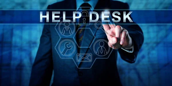 Persona Negocios Está Presionando Help Desk Una Interfaz Virtual Pantalla —  Fotos de Stock