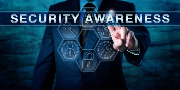 Industry Consultant Pressing Security Awareness Interactive Touch Screen Interface Information — Stock Photo, Image