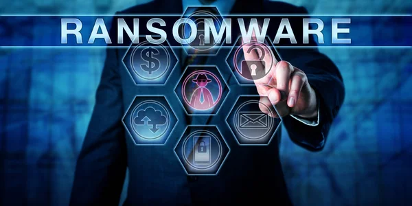 Male Cybersecurity Threat Systems Manager Pushing Ransomware Transparent Control Interface — Stock Photo, Image