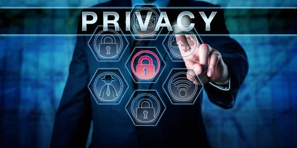 Gerente Vigilancia Corporativa Está Presionando Privacidad Una Pantalla Control Virtual —  Fotos de Stock