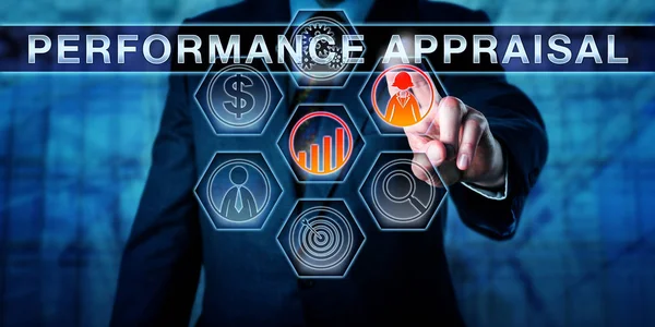 Corporate Manager Drukt Performance Appraisal Een Interactieve Touch Screen Interface — Stockfoto