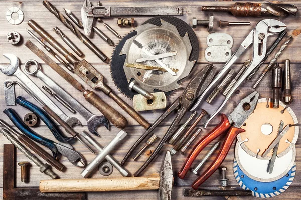 Tool Background Old Vintage Metal Tools Collection Wooden Workbench Copy — Stock Photo, Image