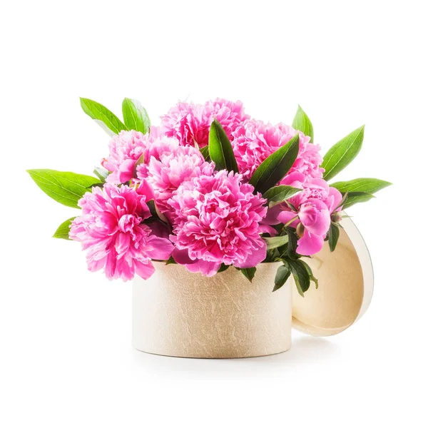 Peony Flowers Romantic Bouquet Pink Peonies Gift Box Isolated White — Stock Photo, Image