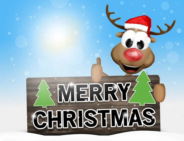 Merry Christmas Sign Happy Reindeer — Stock Photo, Image