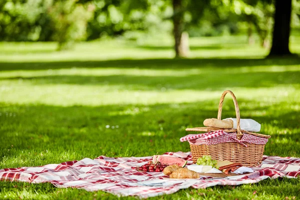 Finom Piknik Friss Gyümölccsel Kenyérrel Fűszeres Kolbásszal Sajttal Szétterítve Egy — Stock Fotó
