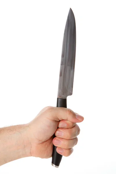 Χέρι Κρατώντας Ένα Μαχαίρι Που Απομονώνεται Λευκό Φόντο — Φωτογραφία Αρχείου