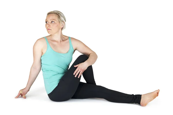Full Body View Young Blonde Woman Doing Yoga Exercises White — Stock Photo, Image