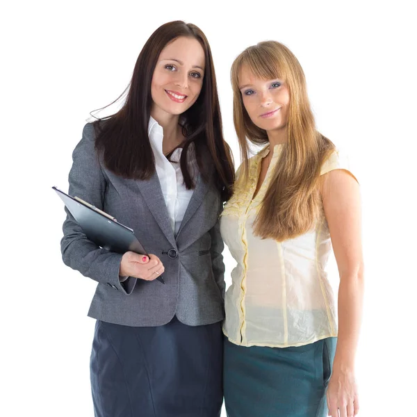 Two Young Business Women Stand White Background — Stock Photo, Image