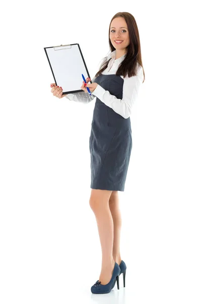 Beautiful Businesswoman Showing Blank Clipboard Stands White Background — Stock Photo, Image