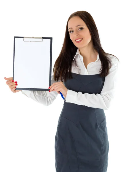 Beautiful Businesswoman Showing Blank Clipboard Stands White Background — Stock Photo, Image