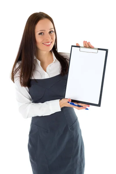 Beautiful Businesswoman Showing Blank Clipboard Stands White Background — Stock Photo, Image