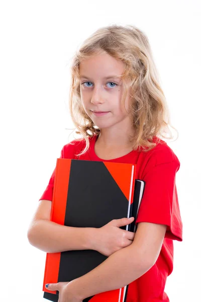 Blond Girl Books Front White Background — Stock Photo, Image