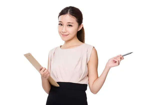 Woman Hold Clipboard Pen Point Aside — Stock Photo, Image