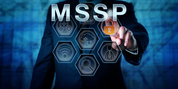 Male Corporate Network Administrator Touching Mssp Interactive Virtual Control Screen — Stock Photo, Image