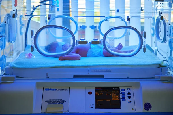 Yeni Doğmuş Bebek Mavi Işığı Altında Fotoğraf Terapisi Görüyor — Stok fotoğraf