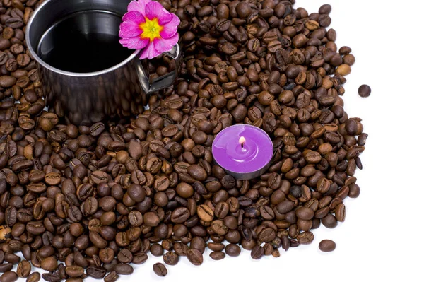Steel Mug Decorated Flower Grains Black Coffee Isolate Subject Drinks — Stock Photo, Image