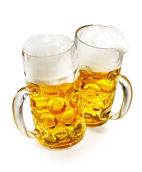 Twee Pinten Gloeiend Gouden Schuimend Koud Bier Bekeken Hoge Hoek — Stockfoto