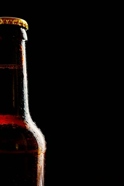 Single Partial Unlabelled Ice Cold Beer Bottle Border Black Background — Stock Photo, Image