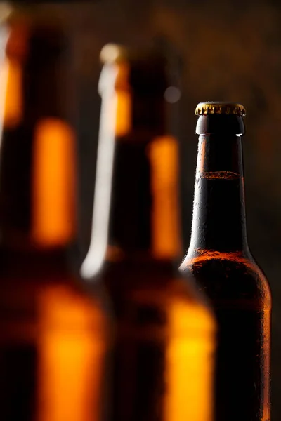 Glowing Unlabelled Beer Bottles Darkness Pub Tavern Oktoberfest Selective Focus — Stock Photo, Image