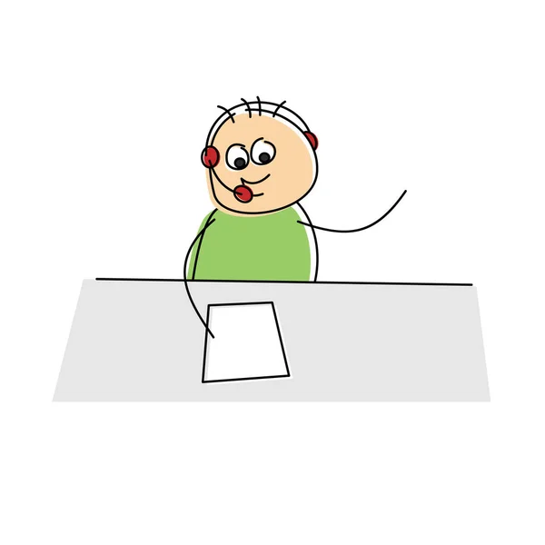 笑顔漫画コールセンターのオペレーターは ヘッドセットを着てテーブルに座って紙にメモを書き 白いベクトルドアのスケッチ — ストック写真