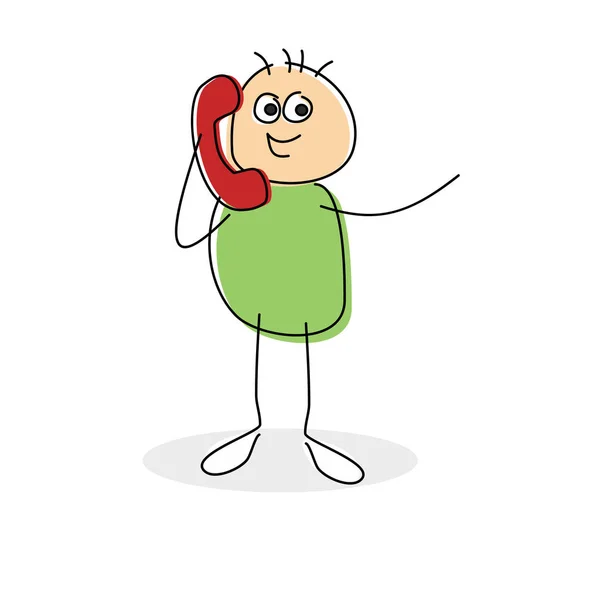 Happy Green Cartoon Karakter Staan Glimlachen Chatten Een Rode Telefoon — Stockfoto