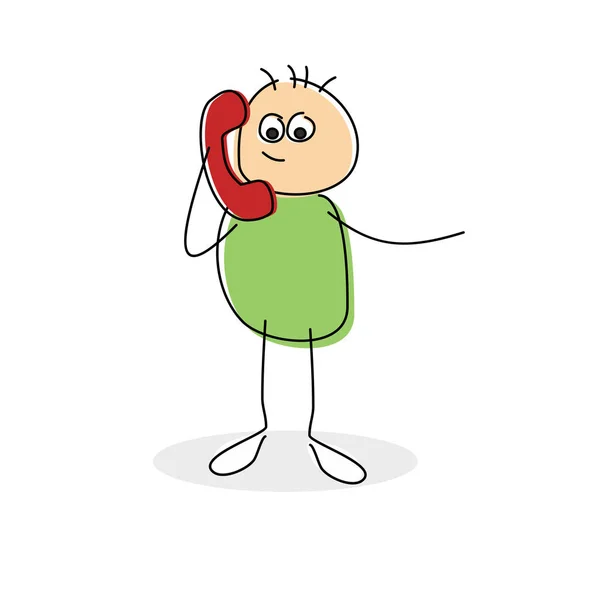 可爱的小卡通人物站在一个五彩缤纷的红线电话上 一边听着谈话 一边带着沉思的微笑 一边在白纸上画着矢量涂鸦 — 图库照片