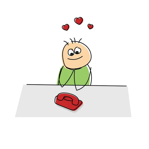 Adorable Figura Dibujos Animados Enamorada Sentada Una Mesa Mirando Teléfono — Foto de Stock